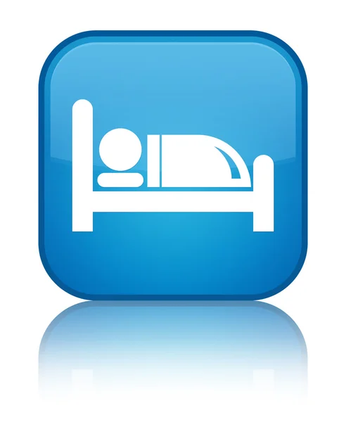 Hotel bed glanzende cyaan blauw vierkante knoop van het pictogram — Stockfoto