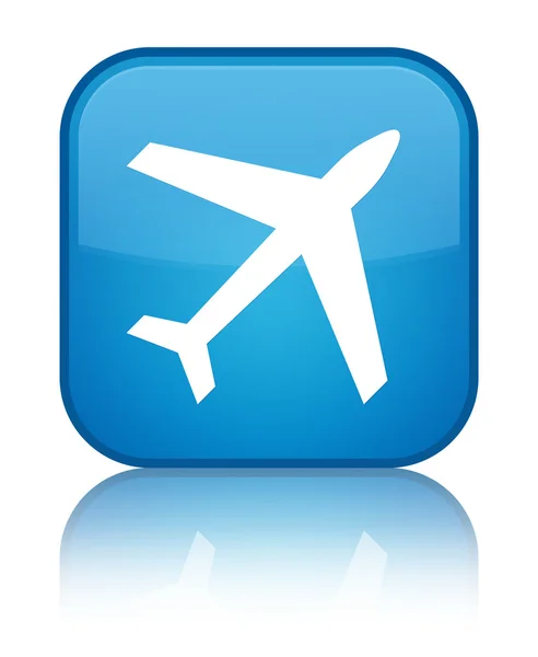 비행기 아이콘 반짝 시안색 파란색 사각형 버튼 — 스톡 사진
