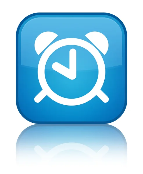 Ícone do relógio de alarme brilhante botão quadrado azul ciano — Fotografia de Stock