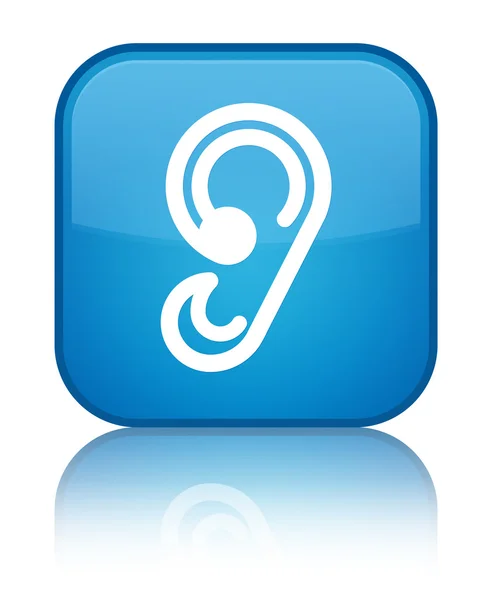 Icono de la oreja brillante botón cuadrado azul cian — Foto de Stock