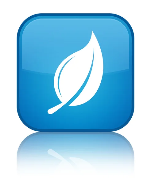 Ícone de folha brilhante botão quadrado azul ciano — Fotografia de Stock
