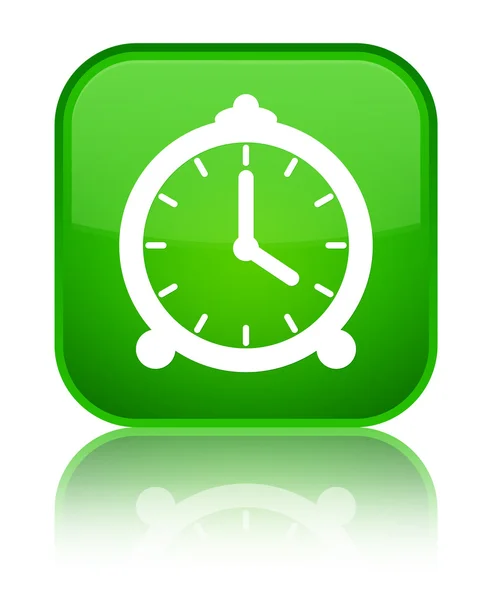 Ícone do relógio de alarme brilhante botão quadrado verde — Fotografia de Stock