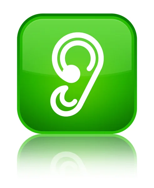 귀 아이콘 빛나는 녹색 사각형 버튼 — 스톡 사진
