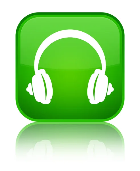 헤드폰 아이콘 빛나는 녹색 사각형 버튼 — 스톡 사진