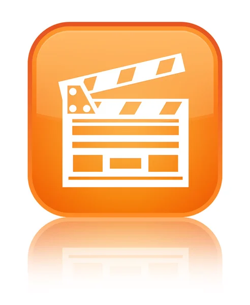 映画のクリップのアイコンの光沢のあるオレンジ正方形ボタン — ストック写真