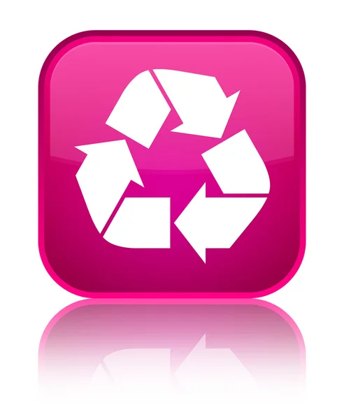 Ícone de reciclagem brilhante botão quadrado rosa — Fotografia de Stock