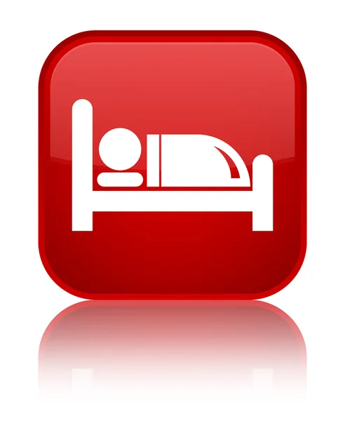 Hotel bed glanzende rode plein knoop van het pictogram — Stockfoto