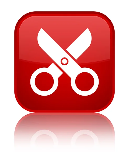 Nożyczki ikony błyszczący placu czerwonego przycisku — Zdjęcie stockowe