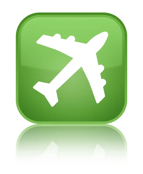 비행기 아이콘 빛나는 부드러운 녹색 사각형 버튼 — 스톡 사진