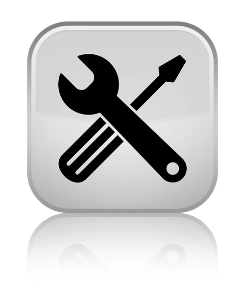 Ícone de ferramentas brilhante botão quadrado branco — Fotografia de Stock