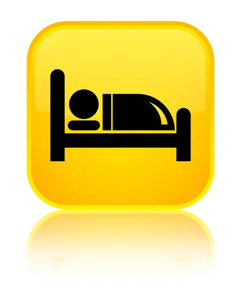 ホテルのベッドのアイコンの光沢のある黄色正方形ボタン — ストック写真