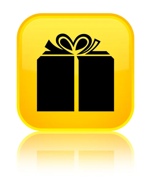 Піктограма подарункової коробки блискуча жовта квадратна кнопка — стокове фото
