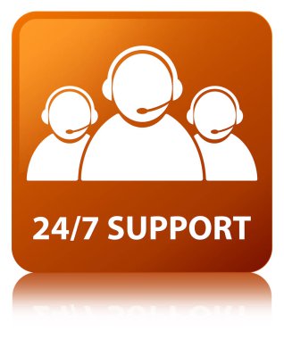 24/7 Destek (müşteri bakım ekibi simgesi) kahverengi kare düğme