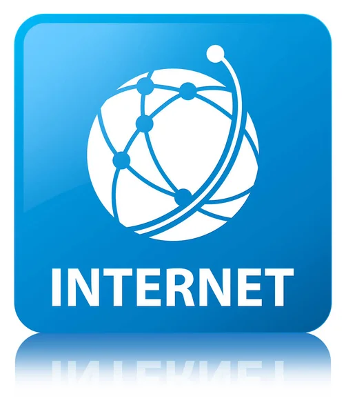 Internet (küresel ağ simgesini) camgöbeği mavi kare düğme — Stok fotoğraf