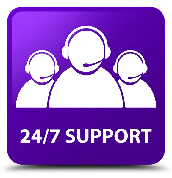24/7 支持 （客户服务团队图标） 紫色方形按钮 — 图库照片