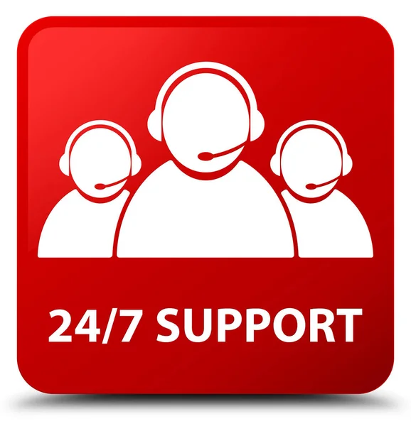24/7 支持 （客户服务团队图标） 红色方形按钮 — 图库照片