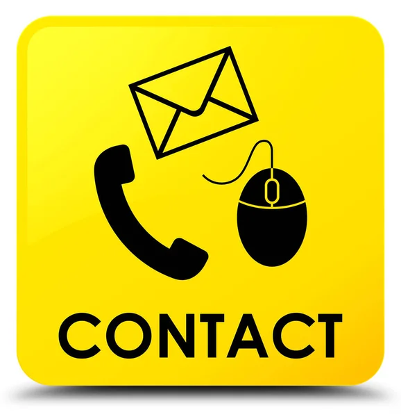 Kapcsolat (telefon, e-mail és egér ikon) sárga négyzet gomb — Stock Fotó
