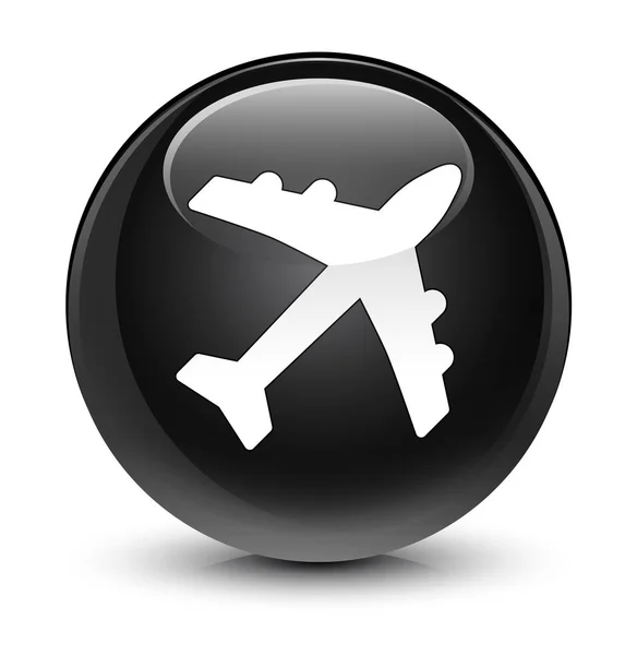 Plane icon glassy black round button — Stock Photo, Image