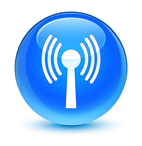 WLAN ağ simgesini camsı camgöbeği mavi yuvarlak düğmesi — Stok fotoğraf