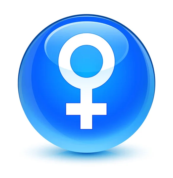 Weibliche Zeichen Symbol glasig cyanblau runden Knopf — Stockfoto