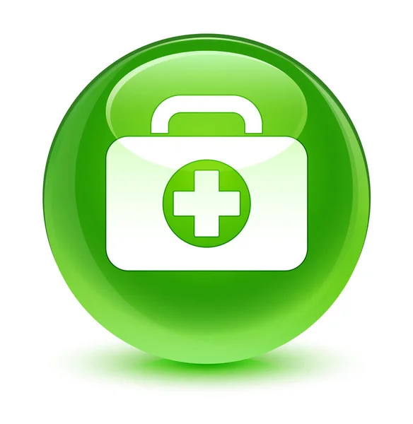 Botiquín de primeros auxilios icono bolsa cristal verde botón redondo — Foto de Stock