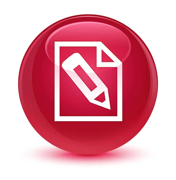 Lápiz en el icono de la página botón redondo de color rosa vidrioso —  Fotos de Stock