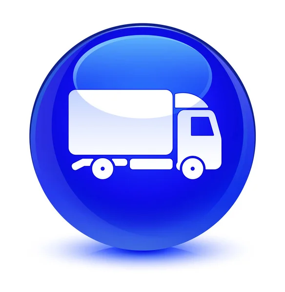 Піктограма вантажівки скляно-синя кругла кнопка — стокове фото