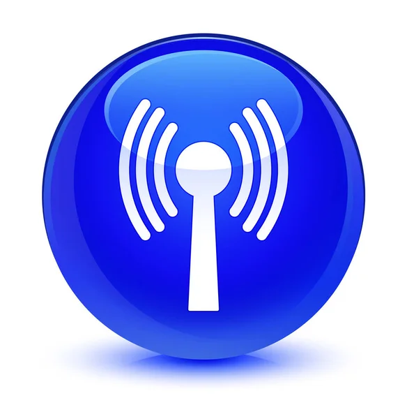 WLAN ağ simgesini camsı mavi yuvarlak düğmesi — Stok fotoğraf