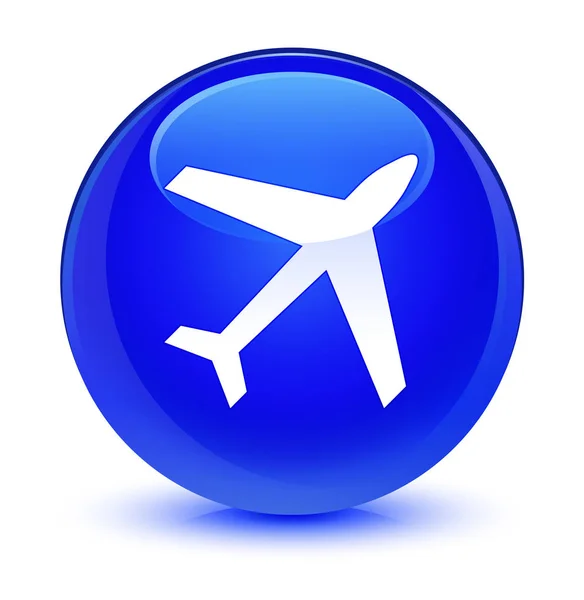 비행기 아이콘 유리 블루 라운드 버튼 — 스톡 사진