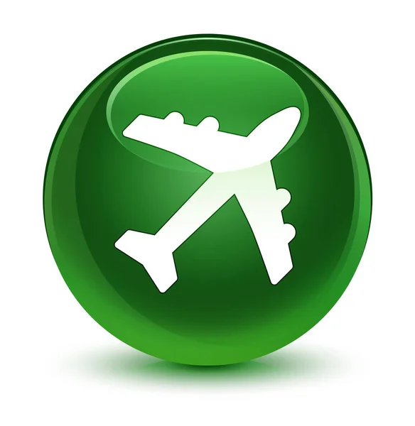Vliegtuig pictogram glazig zachte groene ronde knop — Stockfoto