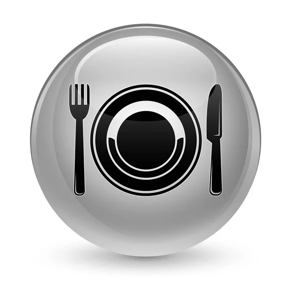 खाद्य प्लेट प्रतीक ग्लासी सफेद गोल बटन — स्टॉक फ़ोटो, इमेज
