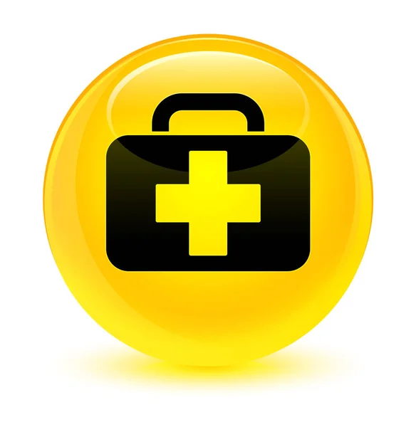 İlk yardım çantası simgesini camsı sarı yuvarlak düğmesi — Stok fotoğraf
