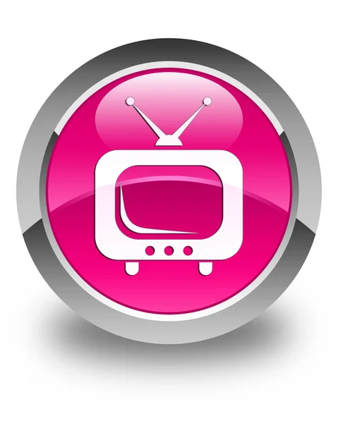 Icono de TV brillante botón redondo rosa — Foto de Stock