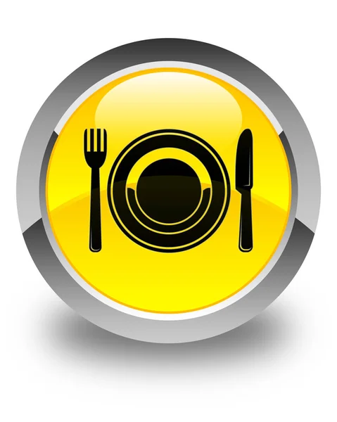 Ikon piring makanan mengkilap tombol bundar kuning — Stok Foto