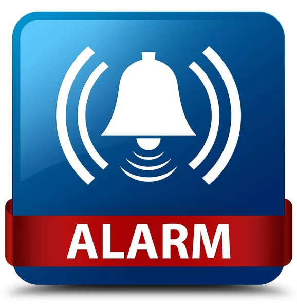 Alarm (harang ikon) kék négyzet gomb piros szalag közepén — Stock Fotó
