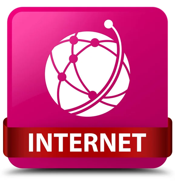 Internet (global network icon) pink square button red ribbon in — Stock Photo, Image