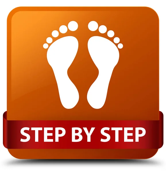 Step by step (footprint icon) brown square button red ribbon in — Stock Photo, Image