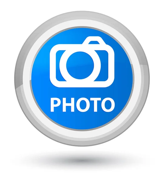 Foto (icono de la cámara) botón redondo azul cian primo —  Fotos de Stock