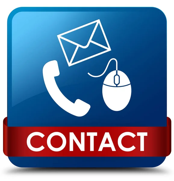 Контакт (электронная почта телефона и иконка мыши) синяя квадратная кнопка красная лента — стоковое фото