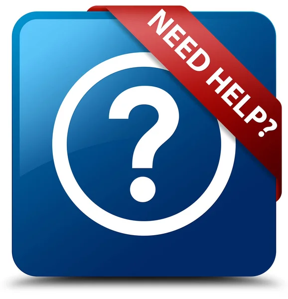 Precisa de ajuda (ícone de pergunta) azul quadrado botão fita vermelha em corne — Fotografia de Stock