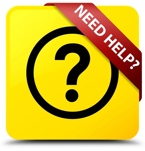 Besoin d'aide (icône question) jaune bouton carré ruban rouge en cor — Photo