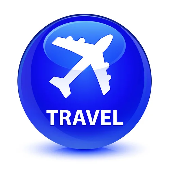 Viagem (ícone de avião) botão redondo azul vítreo — Fotografia de Stock