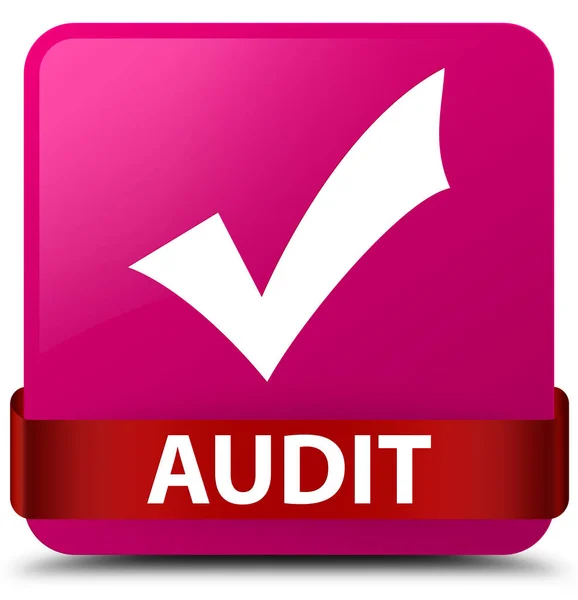 Auditoría (validar icono) rosa botón cuadrado cinta roja en el centro — Foto de Stock