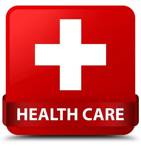 Health care (plus sign) red square button red ribbon in middle — Stock Photo, Image