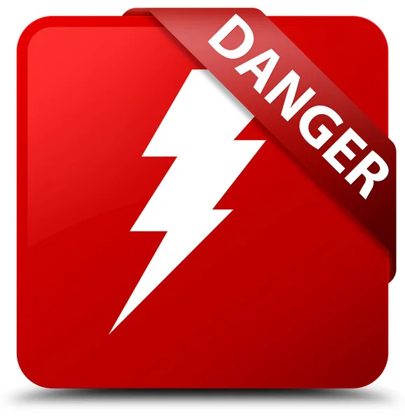 Veszély (villamos energia ikon) piros négyzet gomb piros szalag a sarokban — Stock Fotó