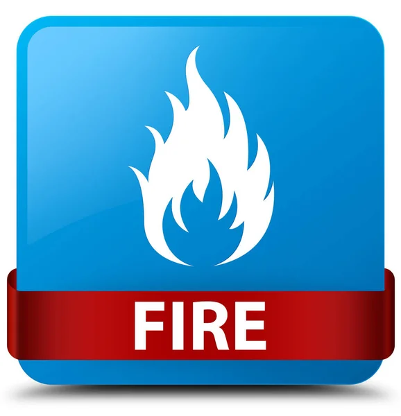 Ogień cyan niebieski przycisk kwadratowy czerwoną wstążką w środku — Zdjęcie stockowe