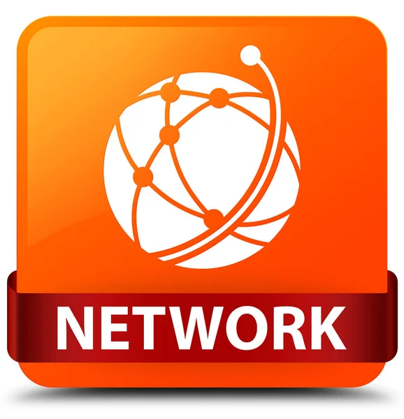 Rede (ícone de rede global) laranja quadrado botão fita vermelha em — Fotografia de Stock