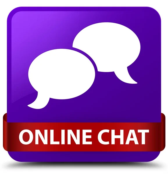 On-line chat fialové čtvercové tlačítko červenou stuhou uprostřed — Stock fotografie