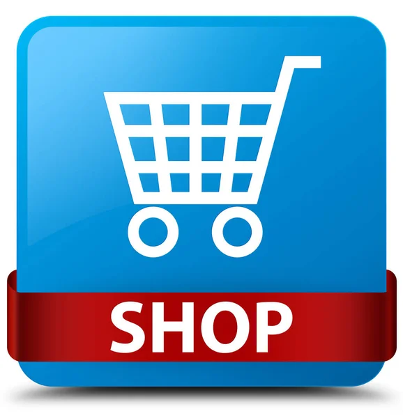 Shop Cyan blau quadratischer Knopf rotes Band in der Mitte — Stockfoto