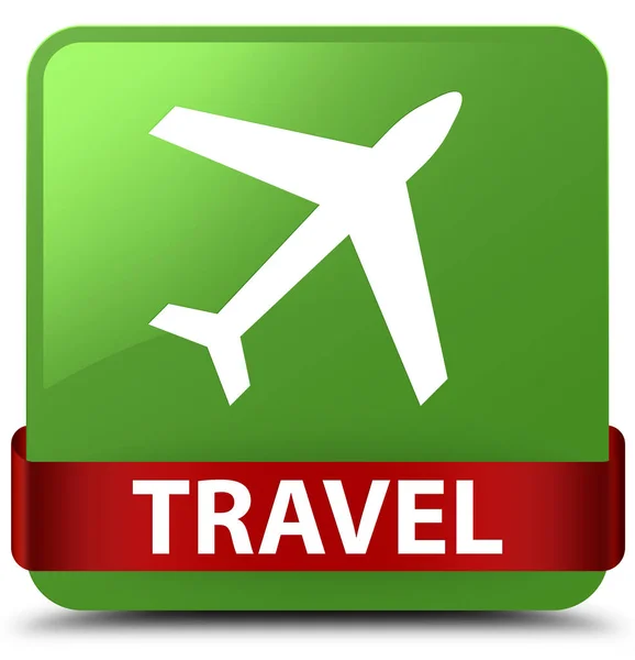 Travel (plane icon) soft green square button red ribbon in middl — Stock Photo, Image